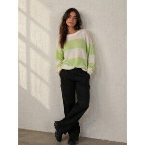 OGD Sloane Crewneck Sweater Small Ivory Lime Green Stripe 100% Cashmere